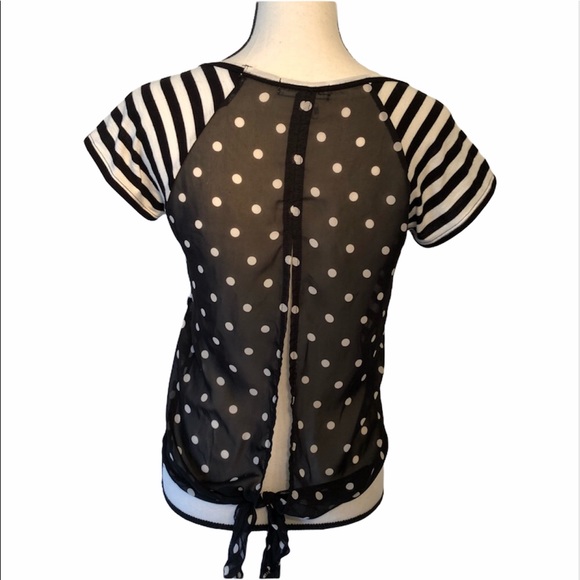Aeropostale black + white stripped abs polka dot shear open tie back top - Picture 1 of 9